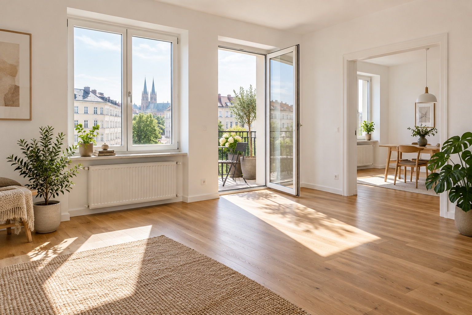 Helle Wohnung mit Parkett, breiten Fenstern und offenem Balkon