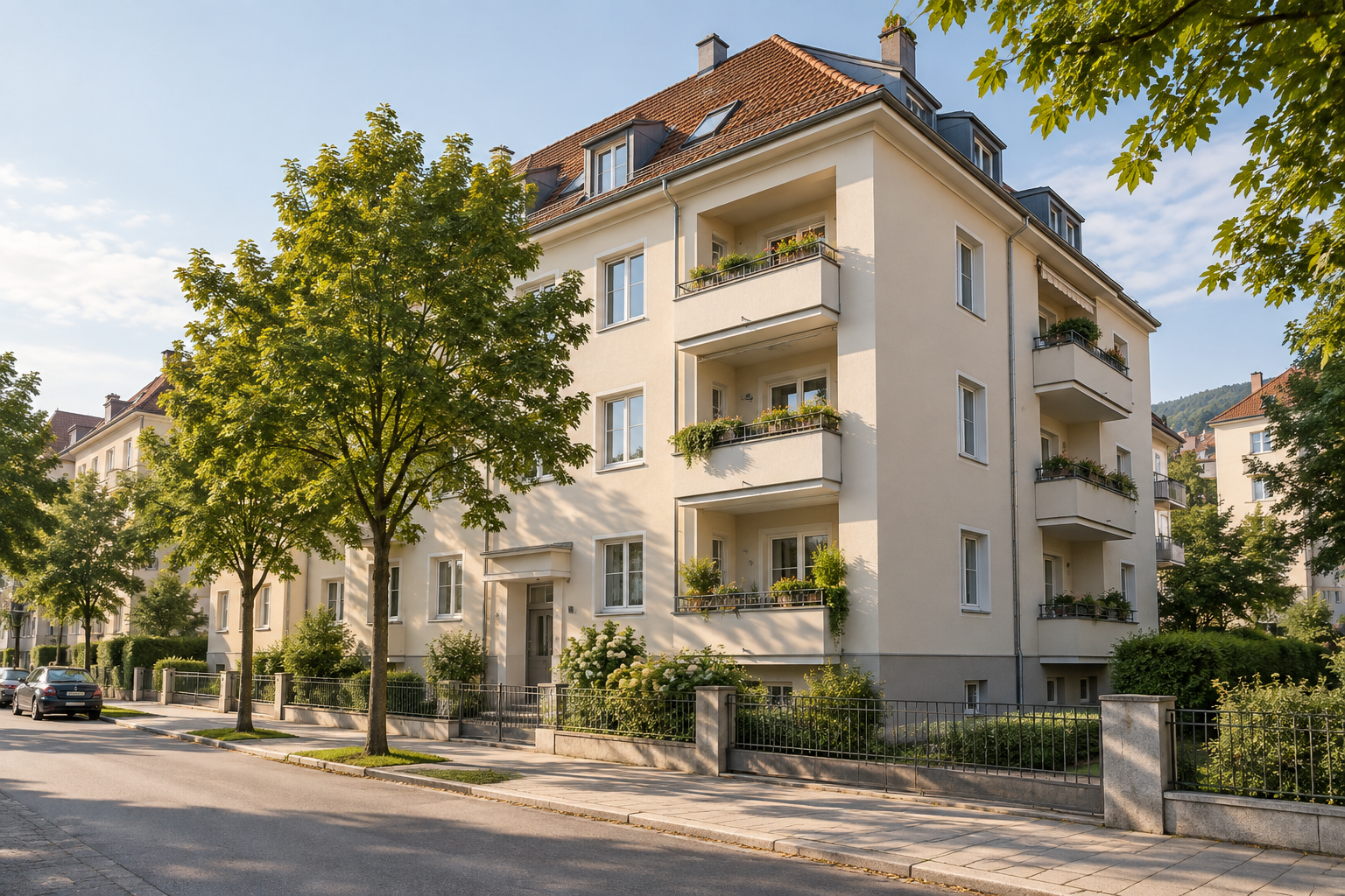 Vollständig sichtbares Wohnhaus mit mehreren Balkonen und Bäumen an einer österreichischen Straße